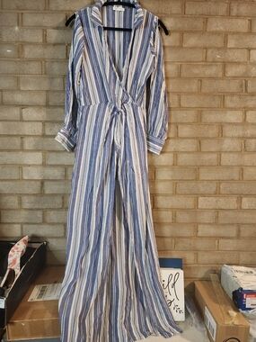 Balance Blue and White Striped Women's Wrap Dress/ Cold Shoulder